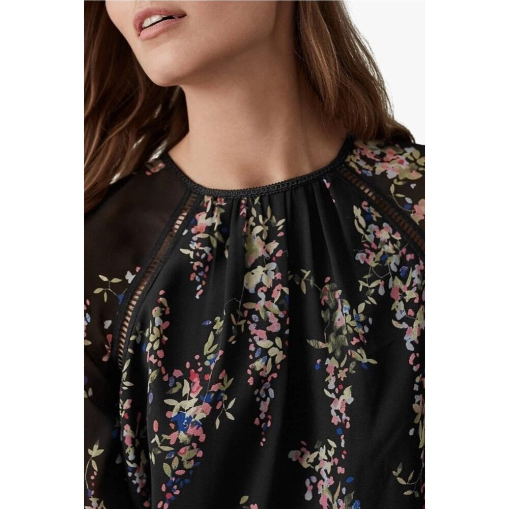 Reiss Roma Floral Dress US 8 Black Long Sleeve Sheer Shift Mini Lace Trim - Picture 2 of 16